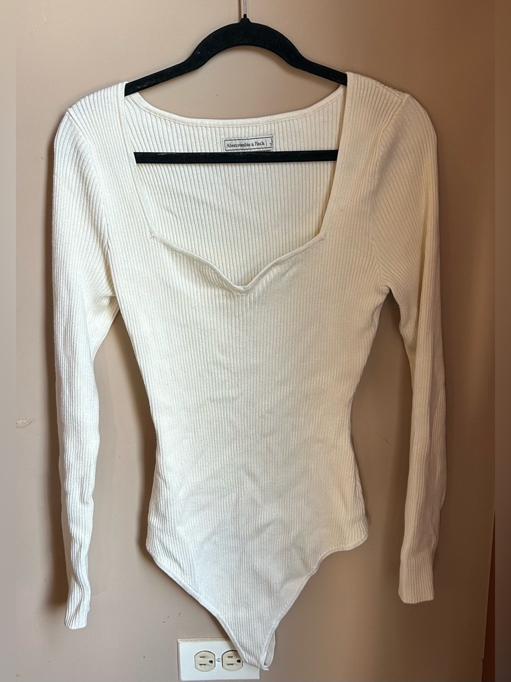 Abercrombie & Fitch Cream Ribbed Long-Sleeve Square-Neck Bodysuit